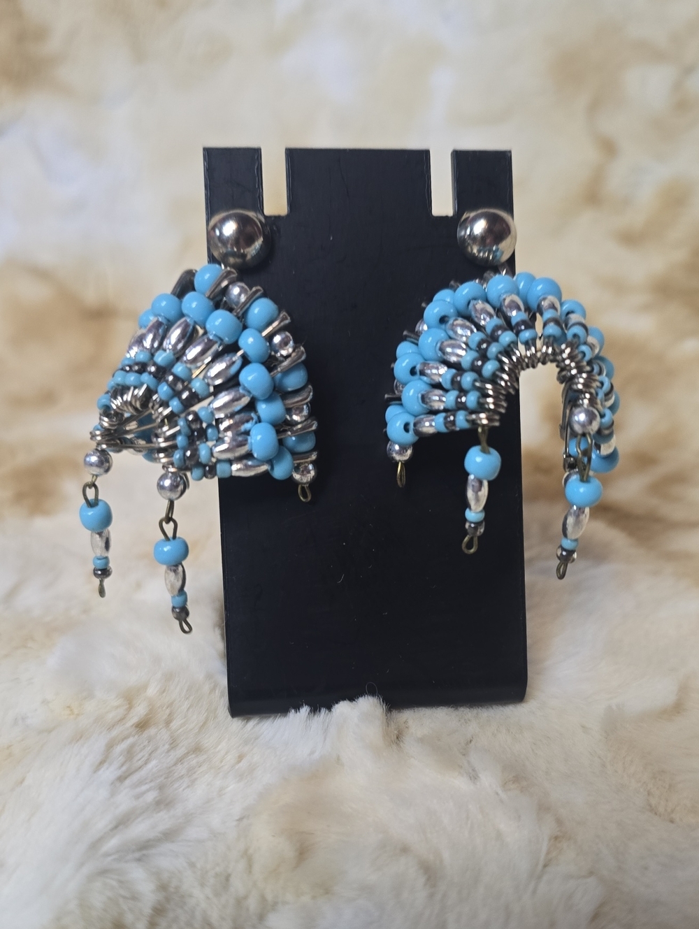 Vtg Southwestern Earrings Head Dress Turquoise & Silver - Hand Crafted, Clip-on